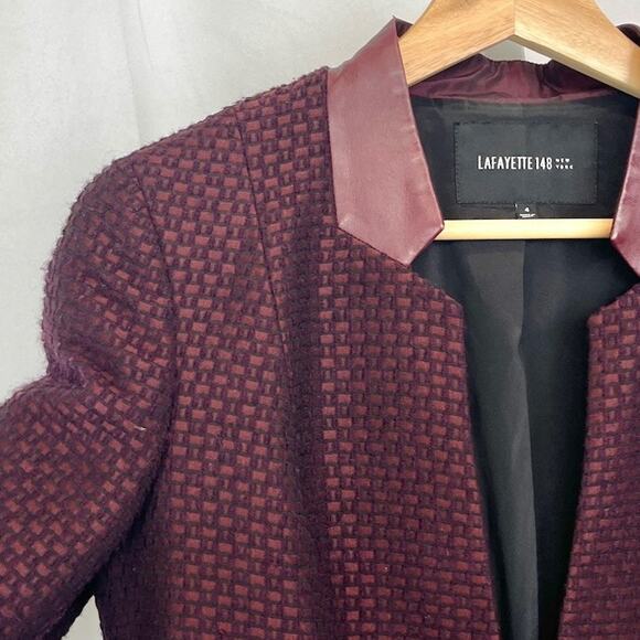 LAFAYETTE 148 Tweed Jacket Blazer Jacket Wool blend Leather Trim Wine Red Size 4 - Picture 6 of 11